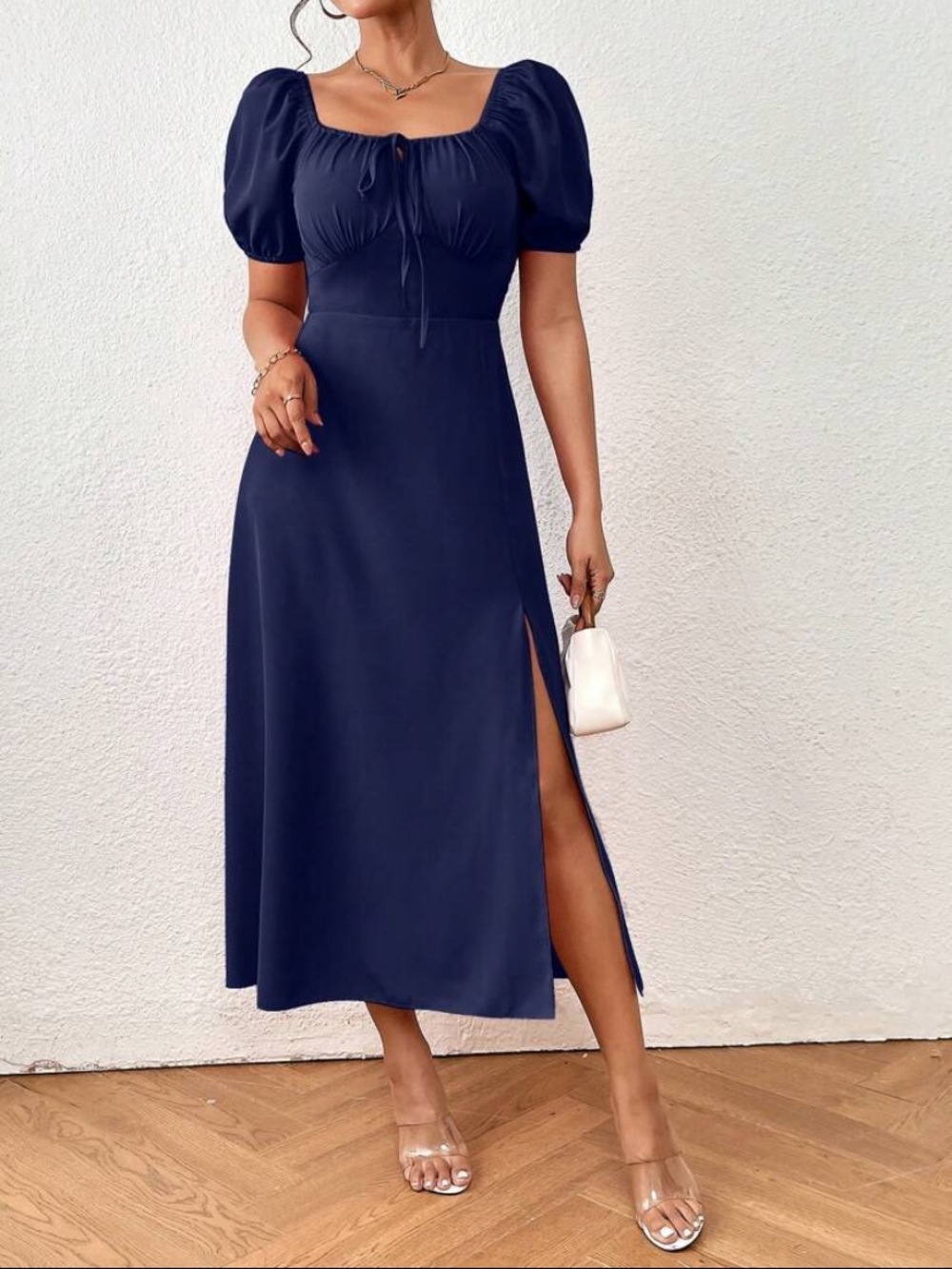 SHEIN Navy Milkmaid Puff-Sleeve Midi Skirt with Side Slit